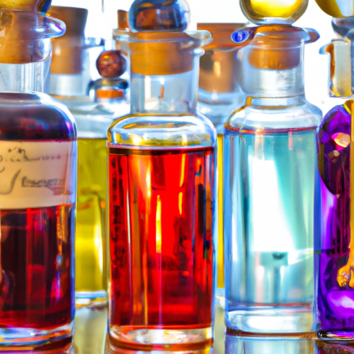 3. תמונה מפורטת של שיקויים ואליקסירים שונים, צבעיהם התוססים מנצנצים בבקבוקוני זכוכית.